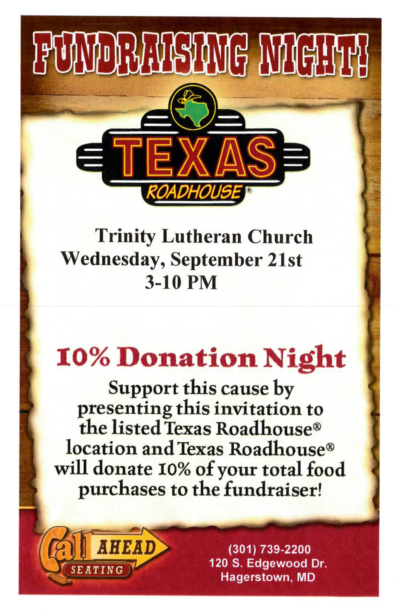 Texas Roadhouse Fundraiser – Sept 21 - Trinity Evangelical Lutheran Church