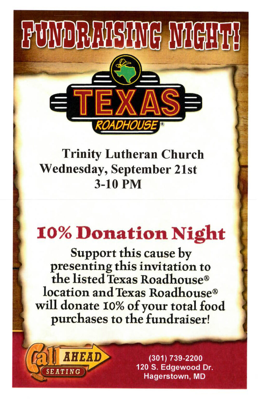 Texas Roadhouse Fundraiser Sept 21 Trinity Evangelical Lutheran Church